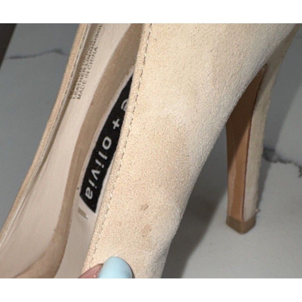 Alice + Olivia Dina 95 Heels 7.5 Nude Suede Pointed Toe Whipstitch - Picture 8 of 15